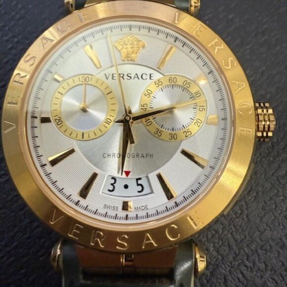 Versace Men's Watch Gold and White Dial with Green leather strap VBR020017